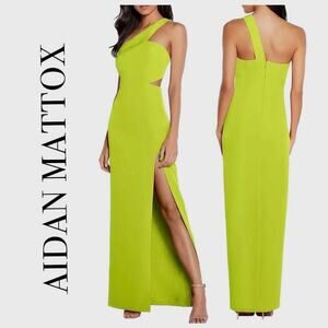 NEW NWT Aidan Mattox One Shoulder Crepe Long Dress Lime Green size 12